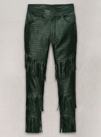 Croc Metallic Green Tiered Fringes Leather Pants (image for) Croc Metallic Green Tiered Fringes Leather Pants