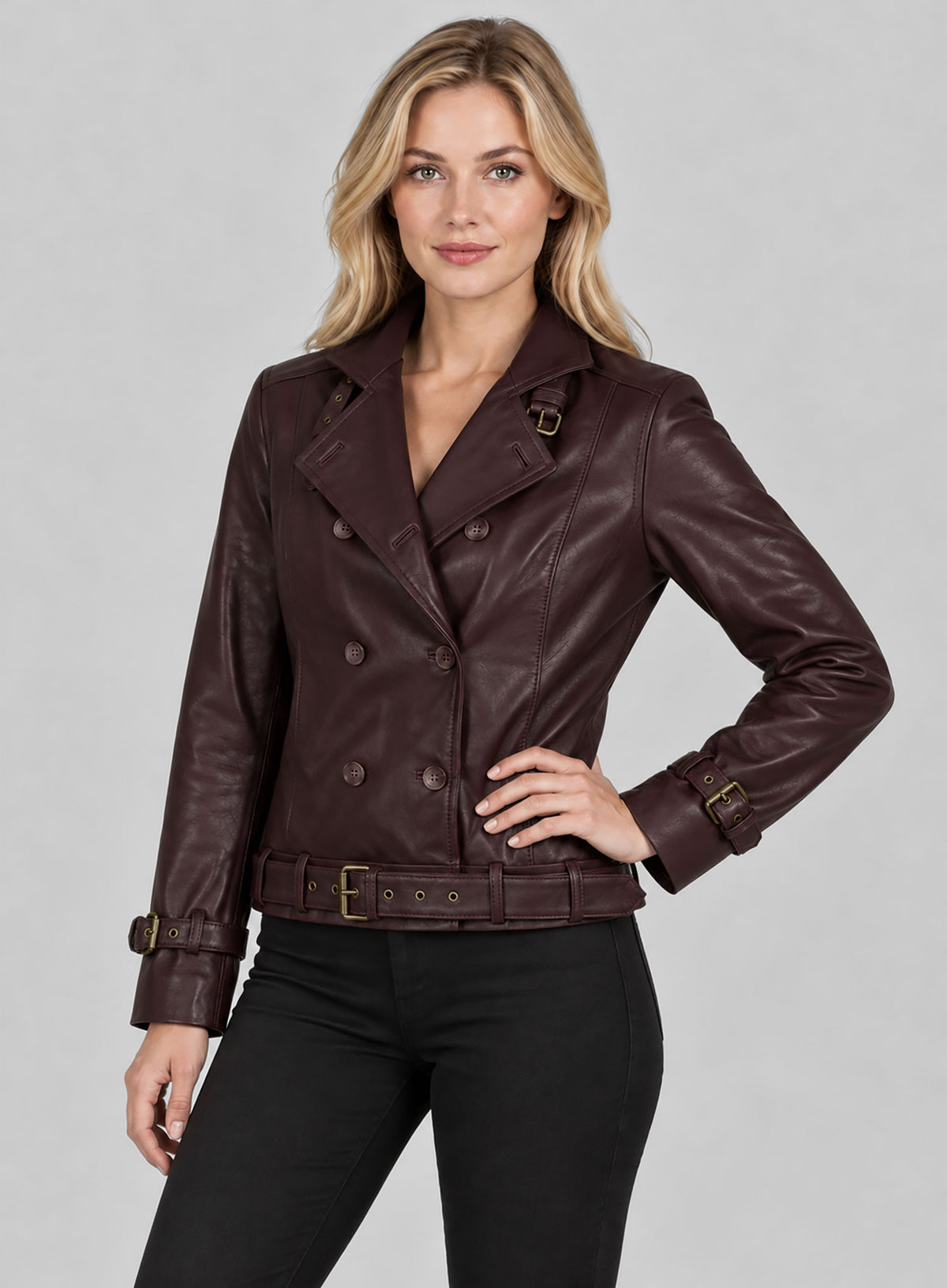 Woman wearing a burgundy double-breasted leather jacket with notch lapel, belt and buckled cuffs