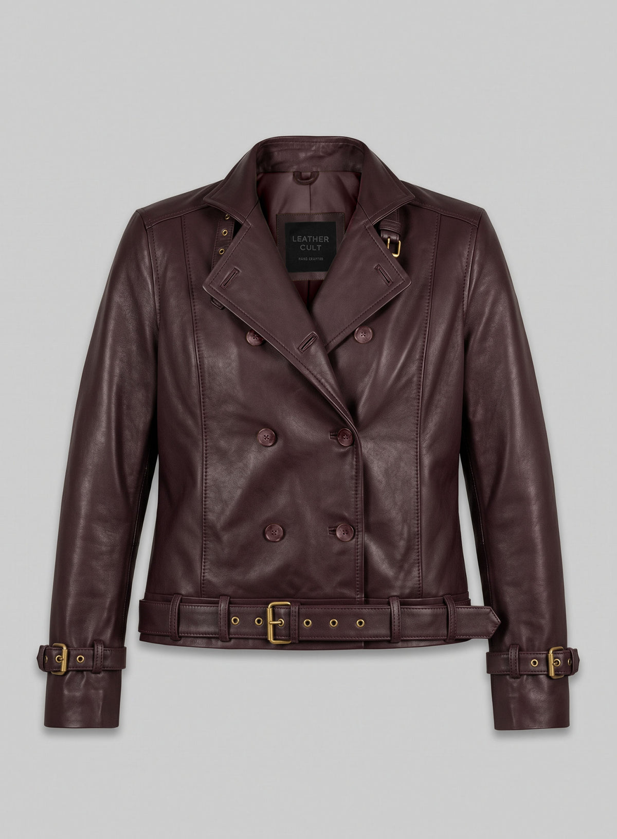 Front view of a burgundy double-breasted leather jacket with belted waist, Scarlett Johansson Winter Soldier inspired