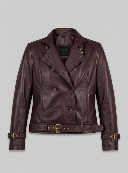 Front view of a burgundy double-breasted leather jacket with belted waist, Scarlett Johansson Winter Soldier inspired