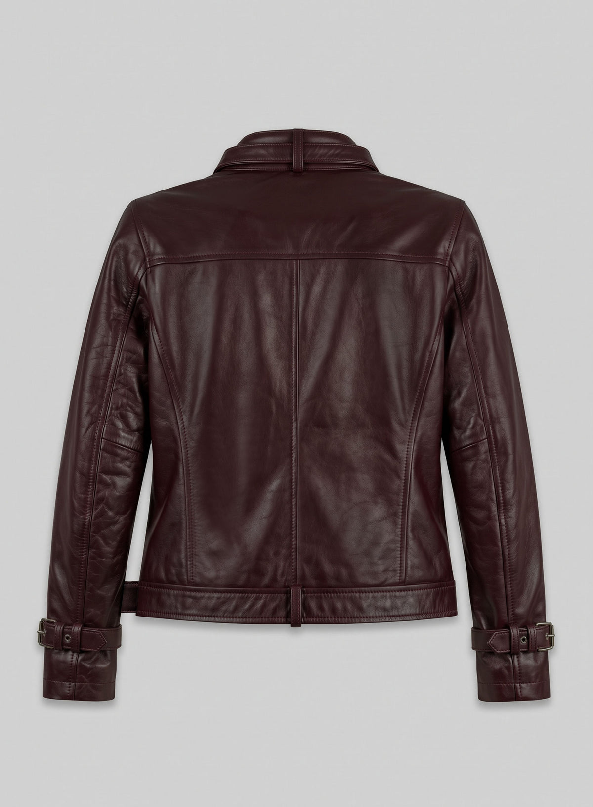 Back view of a burgundy leather jacket with buckled cuffs and waist belt, Winter Soldier inspired