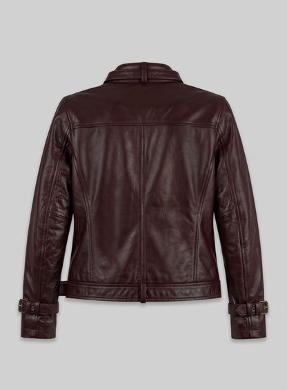 Back view of a burgundy leather jacket with buckled cuffs and waist belt, Winter Soldier inspired
