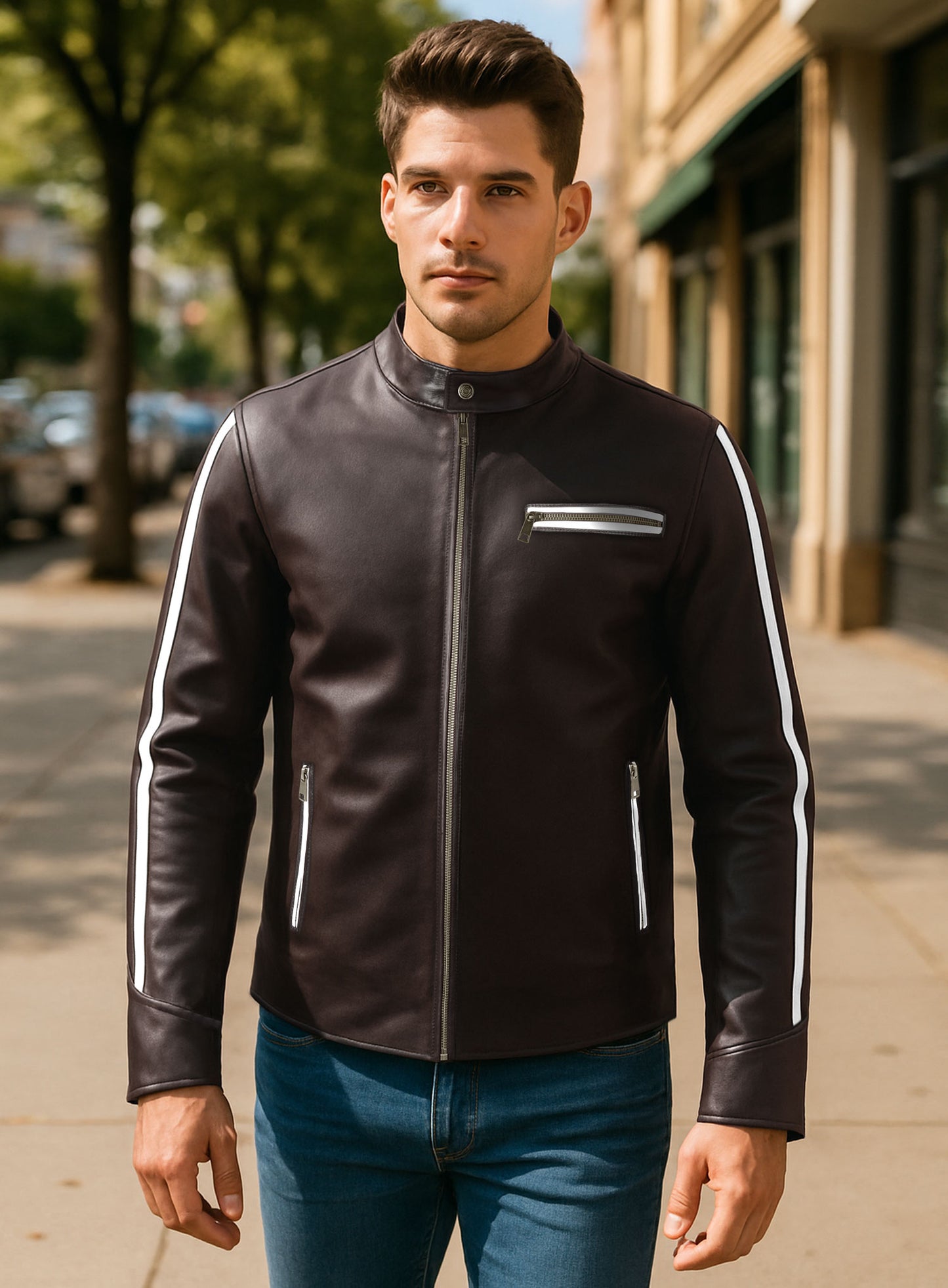 White Stripe Leather Jacket # 100