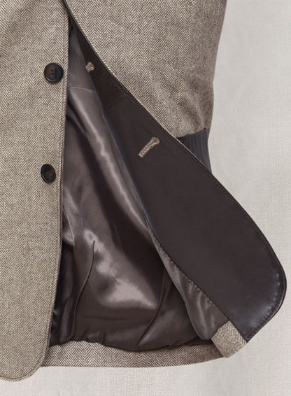 Vintage Herringbone Brown Tweed Leather Combo Blazer # 652 - LeatherCult
