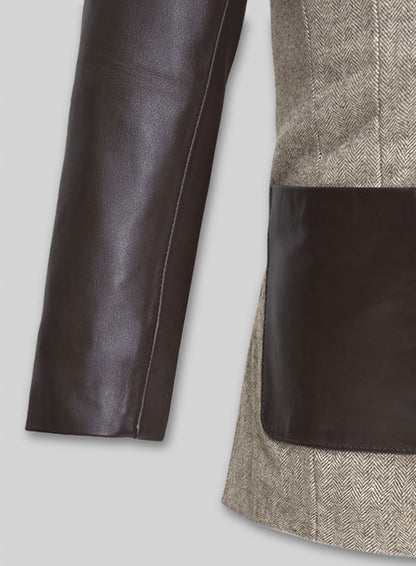 Vintage Herringbone Brown Tweed Leather Combo Blazer # 652