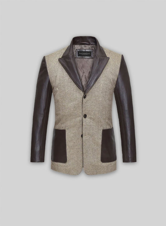 Vintage Herringbone Brown Tweed Leather Combo Blazer # 652