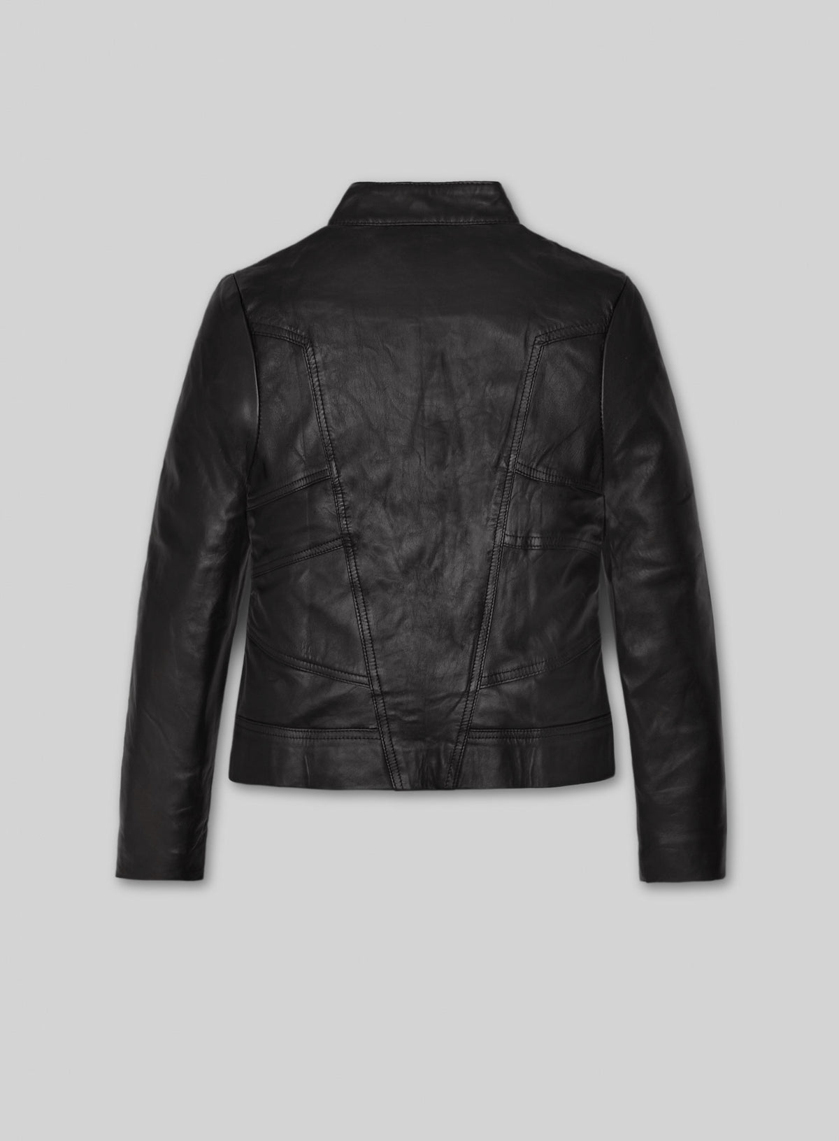 Back view of a black leather jacket with stand collar and V-shaped panel seams