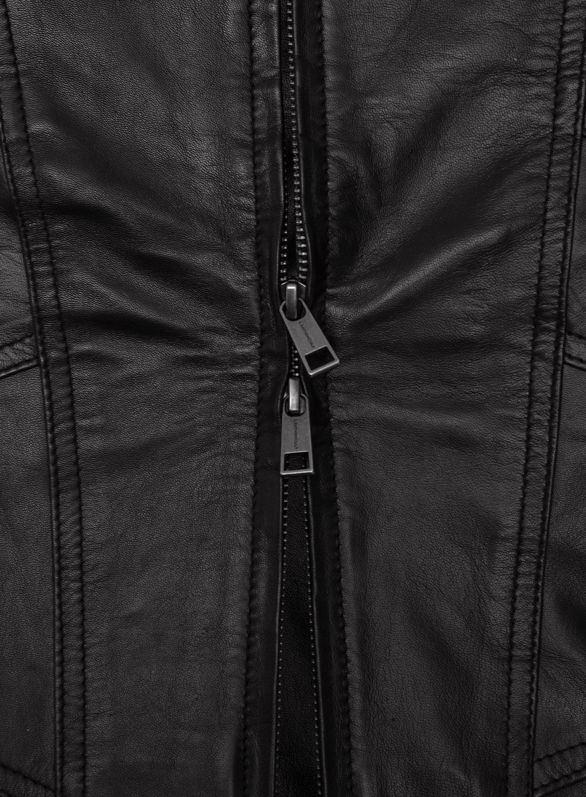 Close-up of the double metal zipper pulls on a black leather jacket