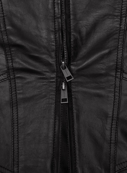 Close-up of the double metal zipper pulls on a black leather jacket