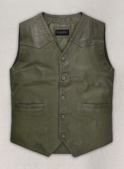 Basicallo Green Washed and Wax Leather Vest # 301 - LeatherCult
