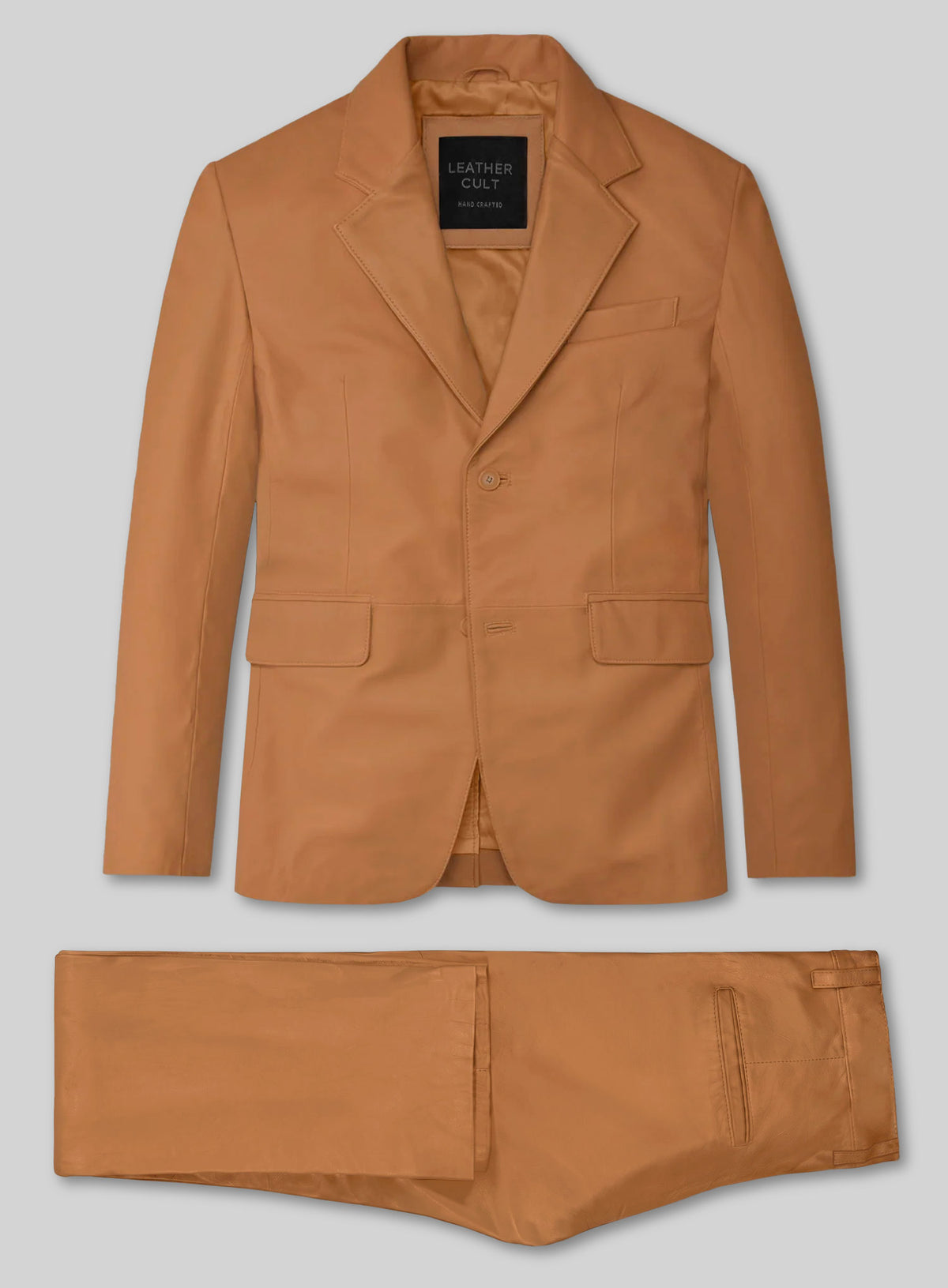 Tan brown lambskin leather suit with two-button notch lapel jacket and trousers, flat lay