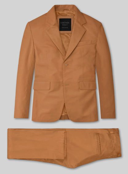Tan brown lambskin leather suit with two-button notch lapel jacket and trousers, flat lay