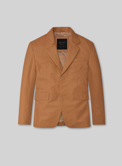 Front view of a tan brown lambskin leather blazer with notch lapel and flap pockets