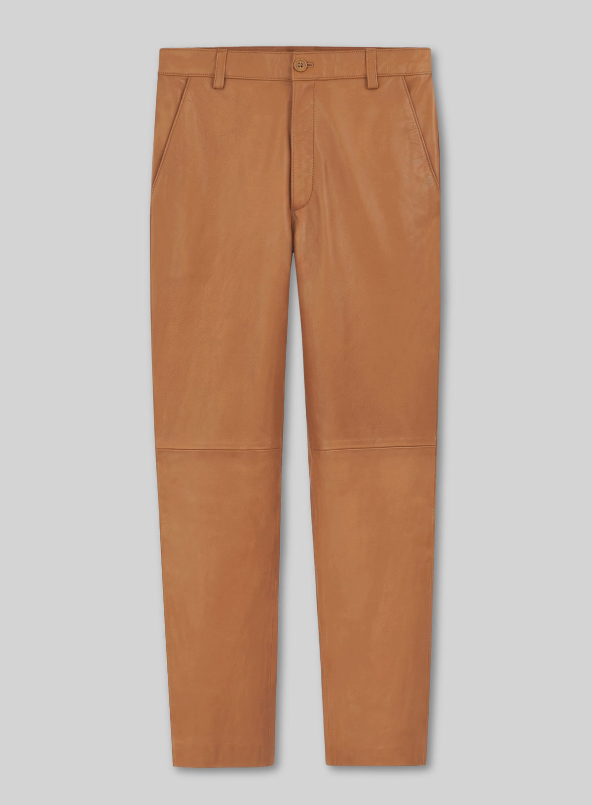 Front view of tan brown lambskin leather trousers with knee seams