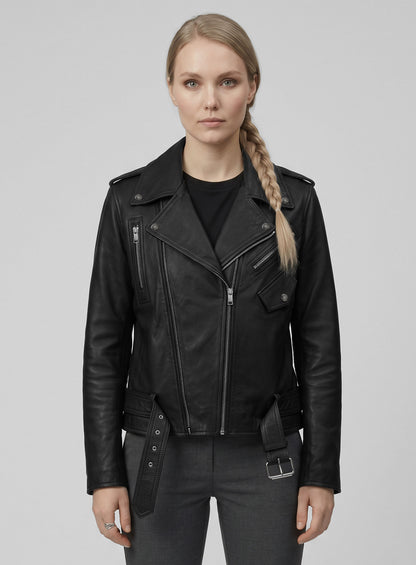 Woman wearing a black leather biker jacket with belted hem, asymmetric zip and epaulettes, front view