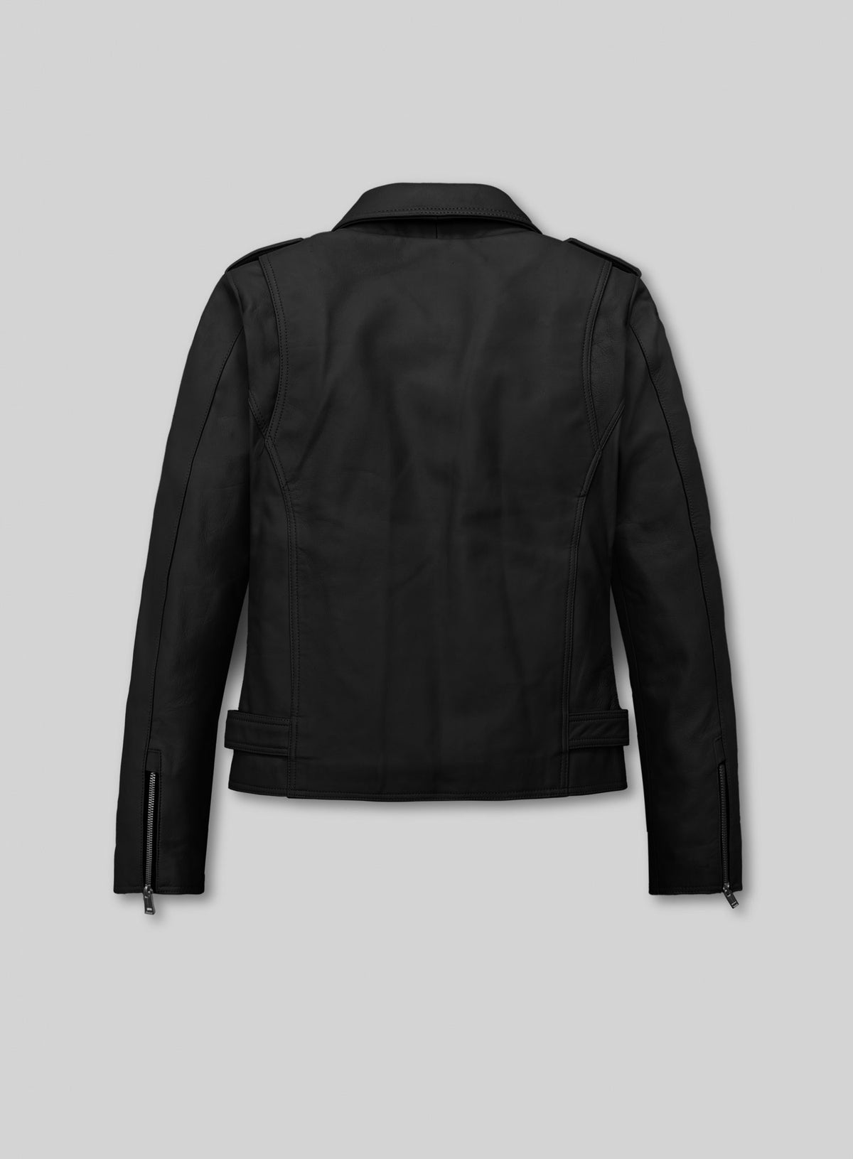 Back view of a black leather biker jacket with zippered cuffs and side belt tabs