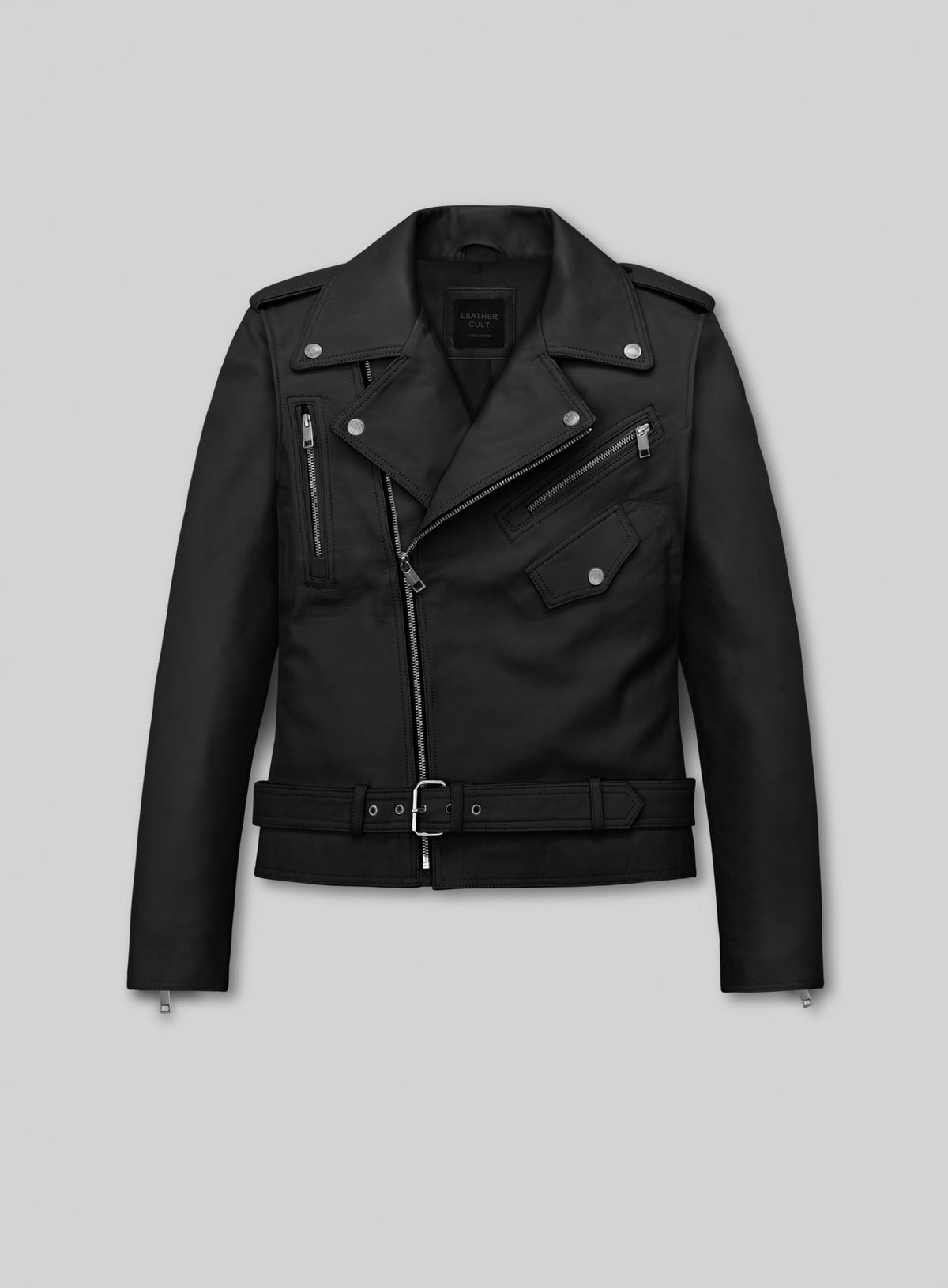 Front view of a black leather biker jacket with belt, asymmetric zipper, epaulettes and zip pockets