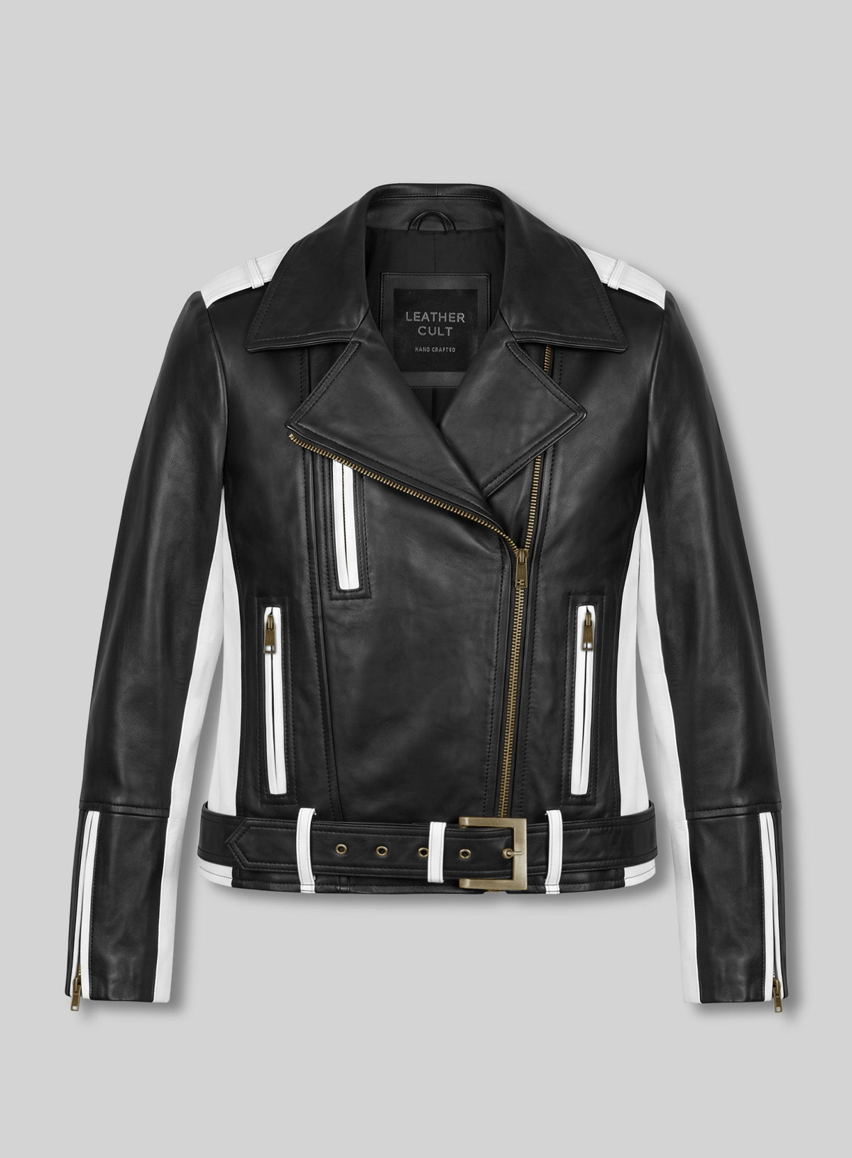Front view of a black leather biker jacket with white stripes and belted waist