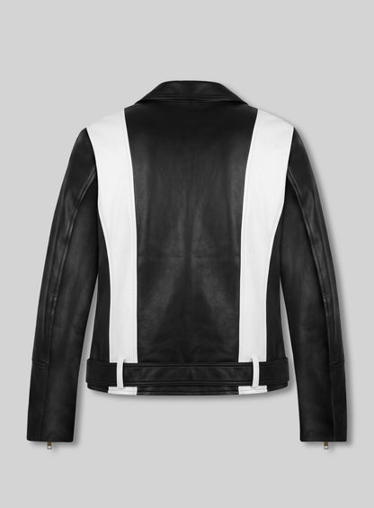 Back view of a black leather biker jacket with white side panels