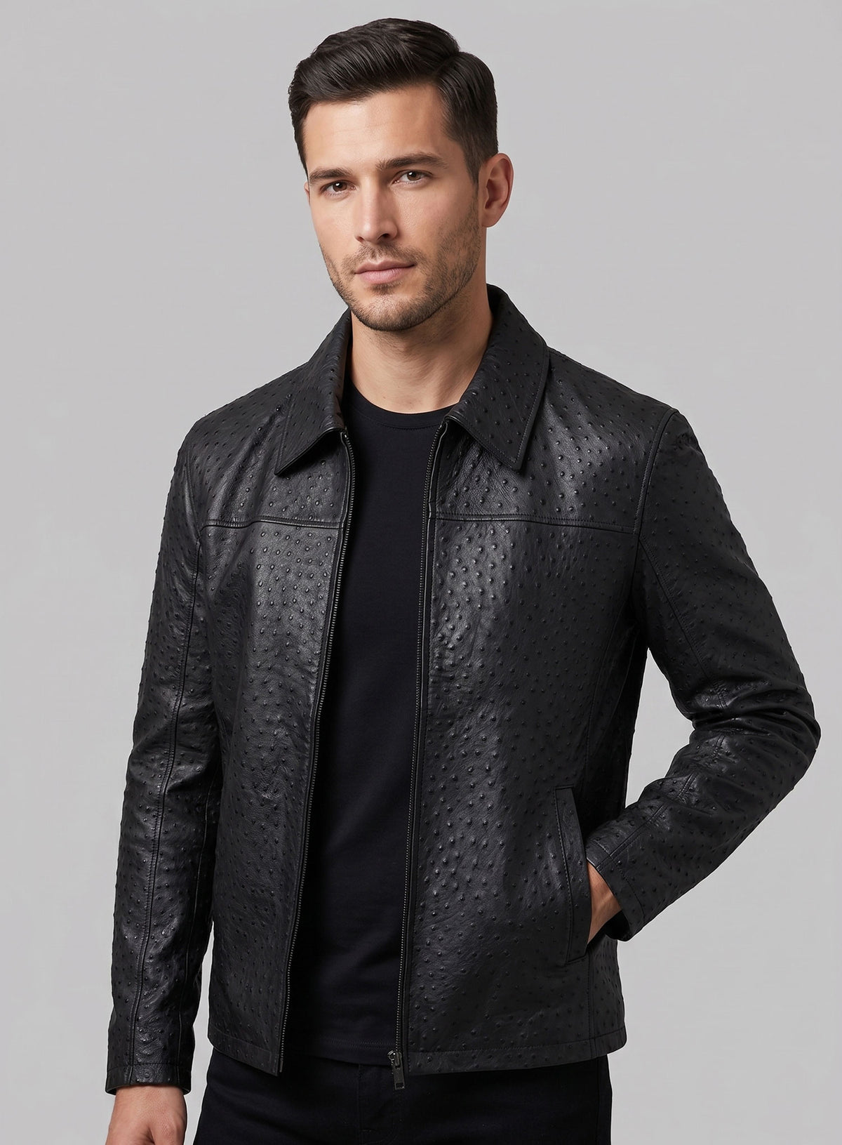 Black Ostrich Leather Hipster Jacket #2