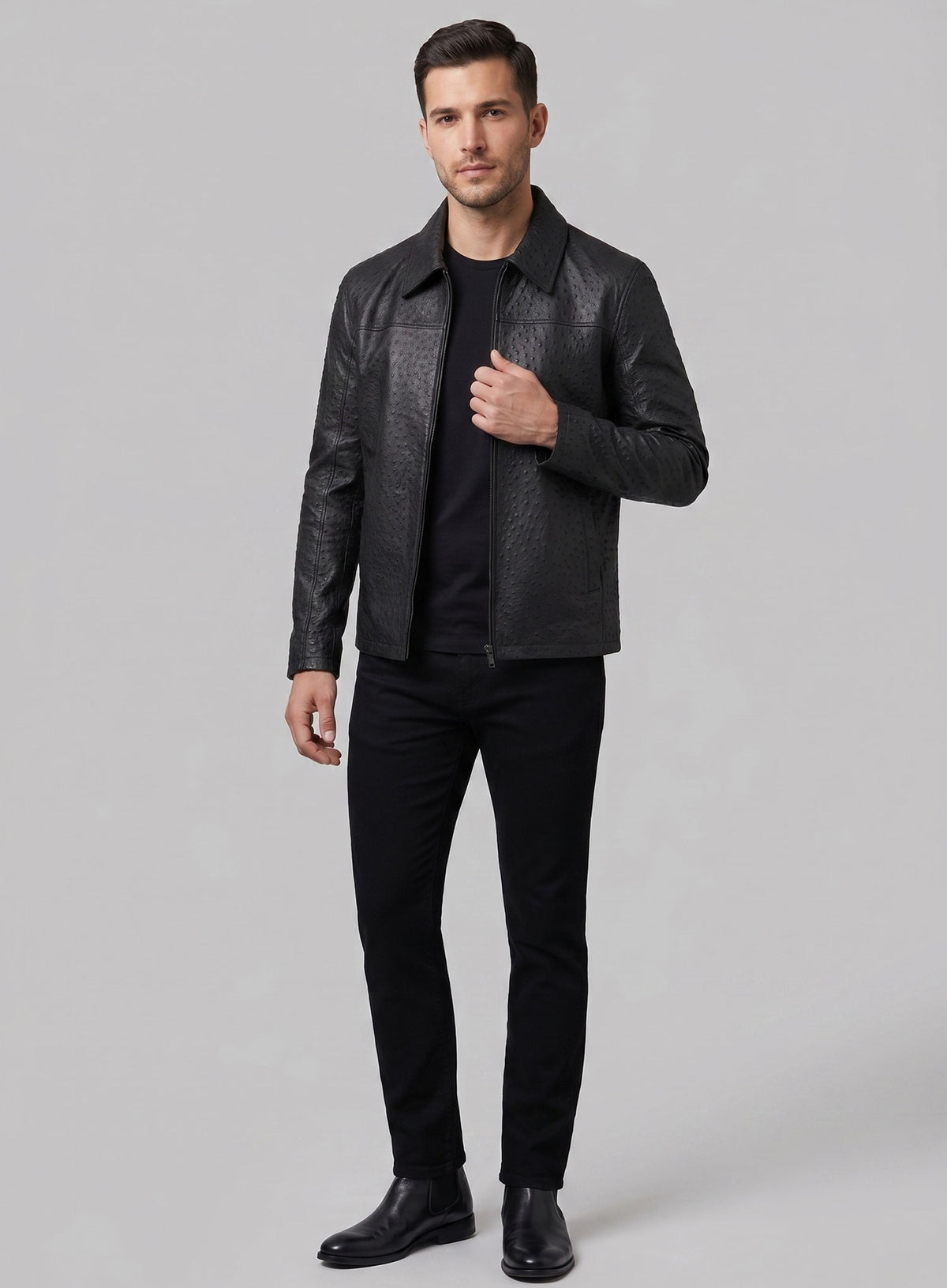 Black Ostrich Leather Hipster Jacket #2