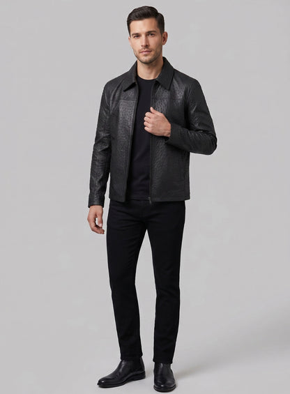 Black Ostrich Leather Hipster Jacket #2