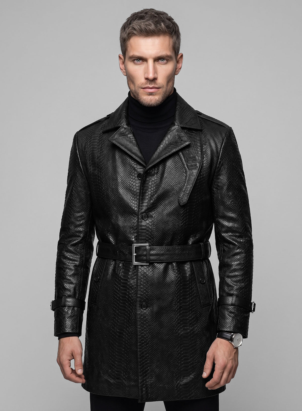 Black Python Leather Long Coat #204