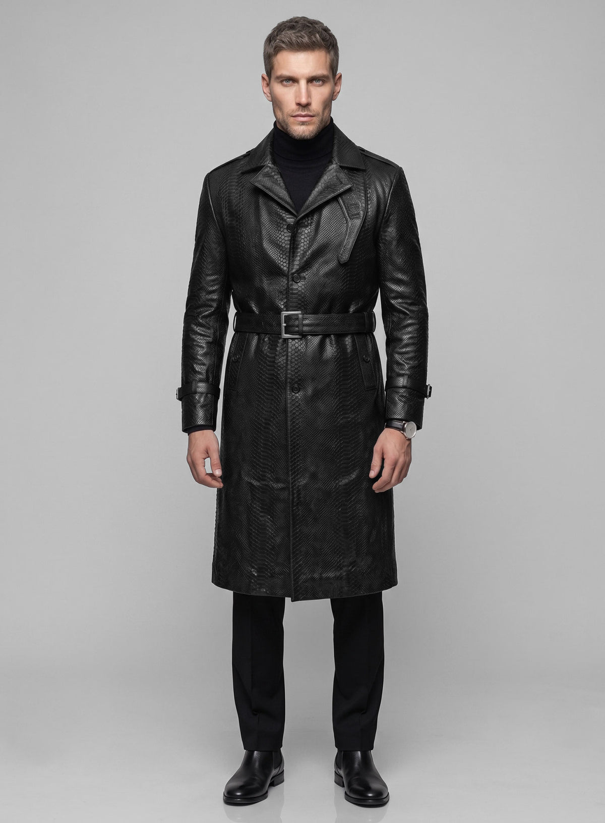 Black Python Leather Long Coat #204