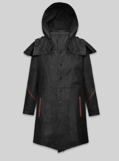 Black Sentinel Hooded Leather Long Coat