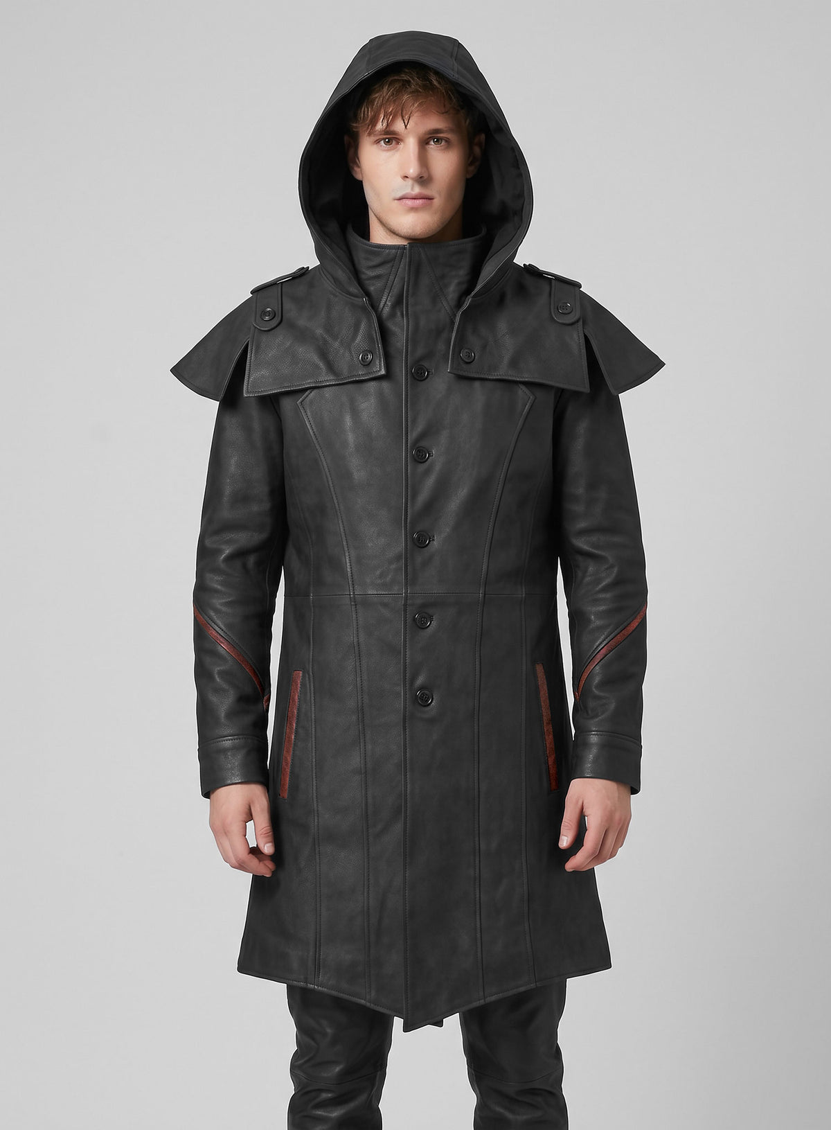 Black Sentinel Hooded Leather Long Coat
