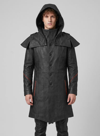 Black Sentinel Hooded Leather Long Coat