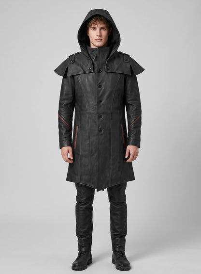 Black Sentinel Hooded Leather Long Coat