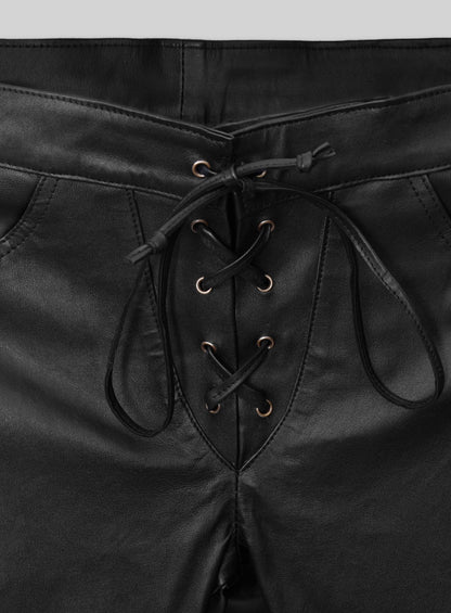 Black Stretch Cowboy Lace Up Leather Pants
