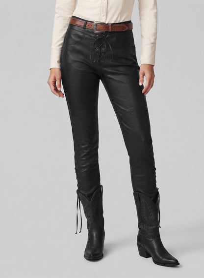 Black Stretch Cowboy Lace Up Leather Pants