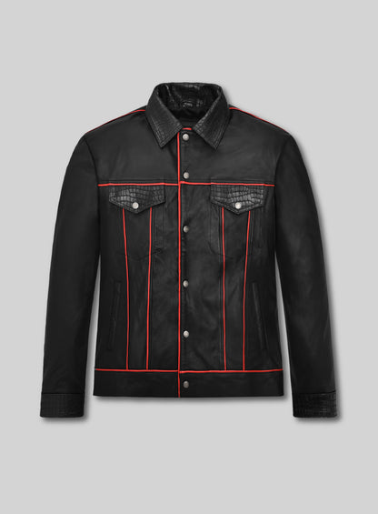 Black Venom Piped Leather Trucker Jacket