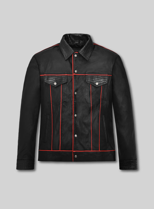 Black Venom Piped Leather Trucker Jacket