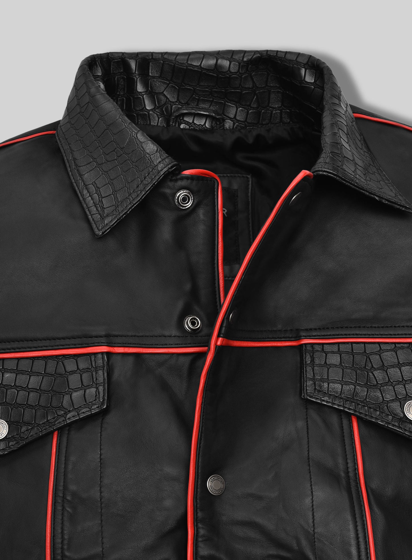 Black Venom Piped Leather Trucker Jacket