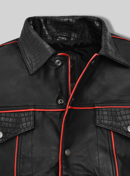 Black Venom Piped Leather Trucker Jacket