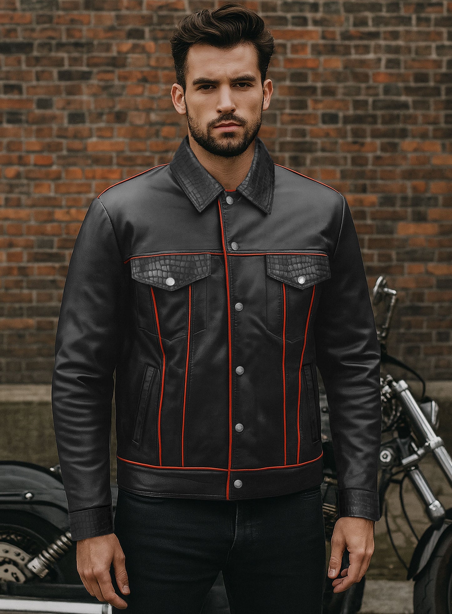 Black Venom Piped Leather Trucker Jacket