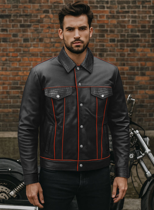 Black Venom Piped Leather Trucker Jacket