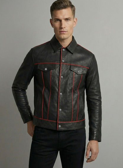 Black Venom Piped Leather Trucker Jacket