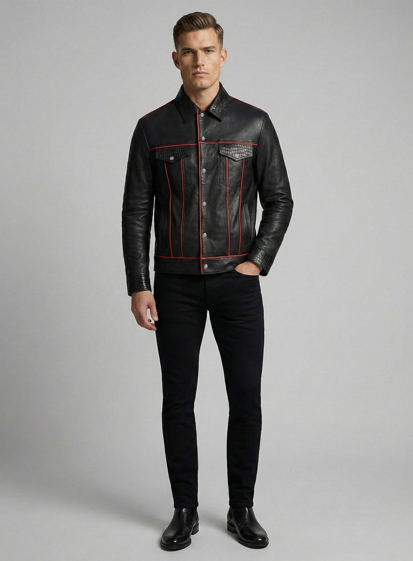 Black Venom Piped Leather Trucker Jacket