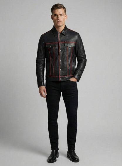 Black Venom Piped Leather Trucker Jacket