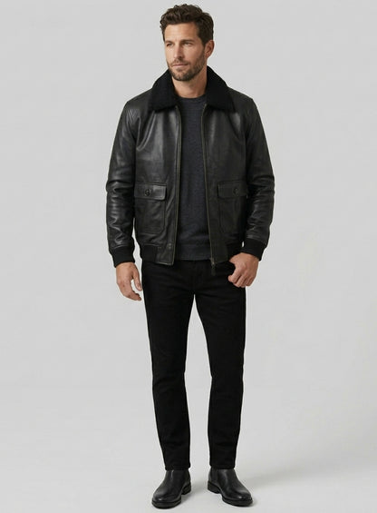Black Pilot Aviator Leather Jacket