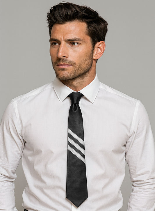 Black Triple Stripe Leather Tie
