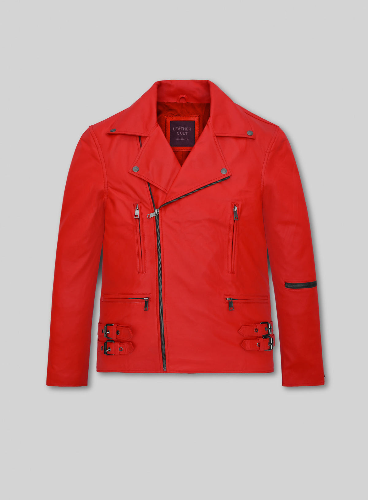 Front view of a red lambskin leather biker jacket with asymmetric zip and belted side buckles