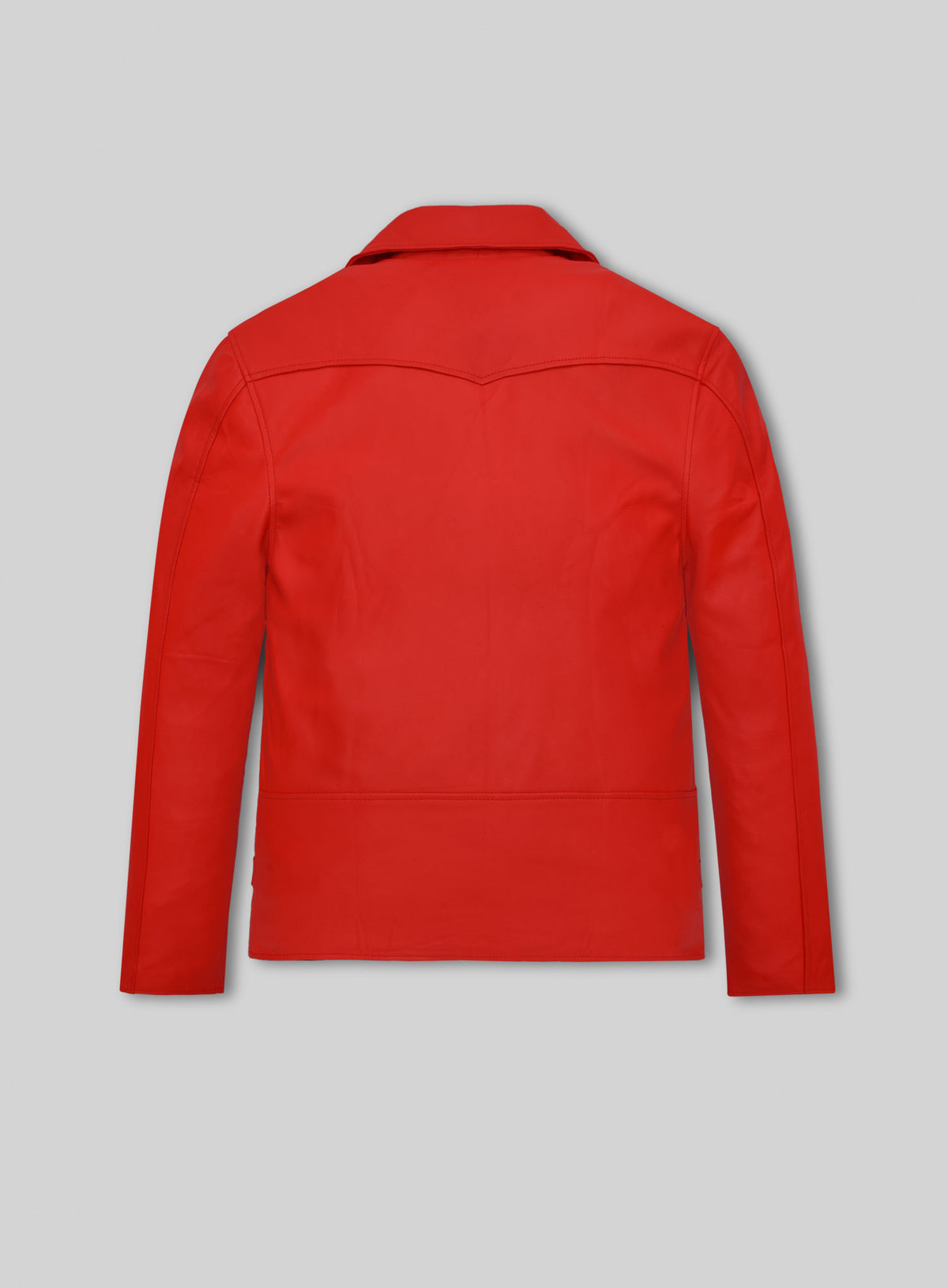 Back view of a red lambskin leather biker jacket with yoke seam