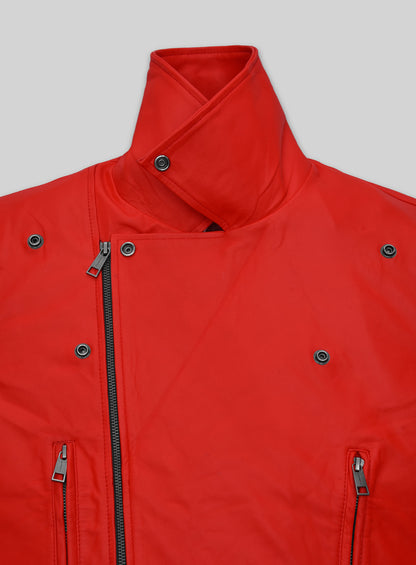 Close-up of red leather biker jacket collar with snap tab and asymmetric zip