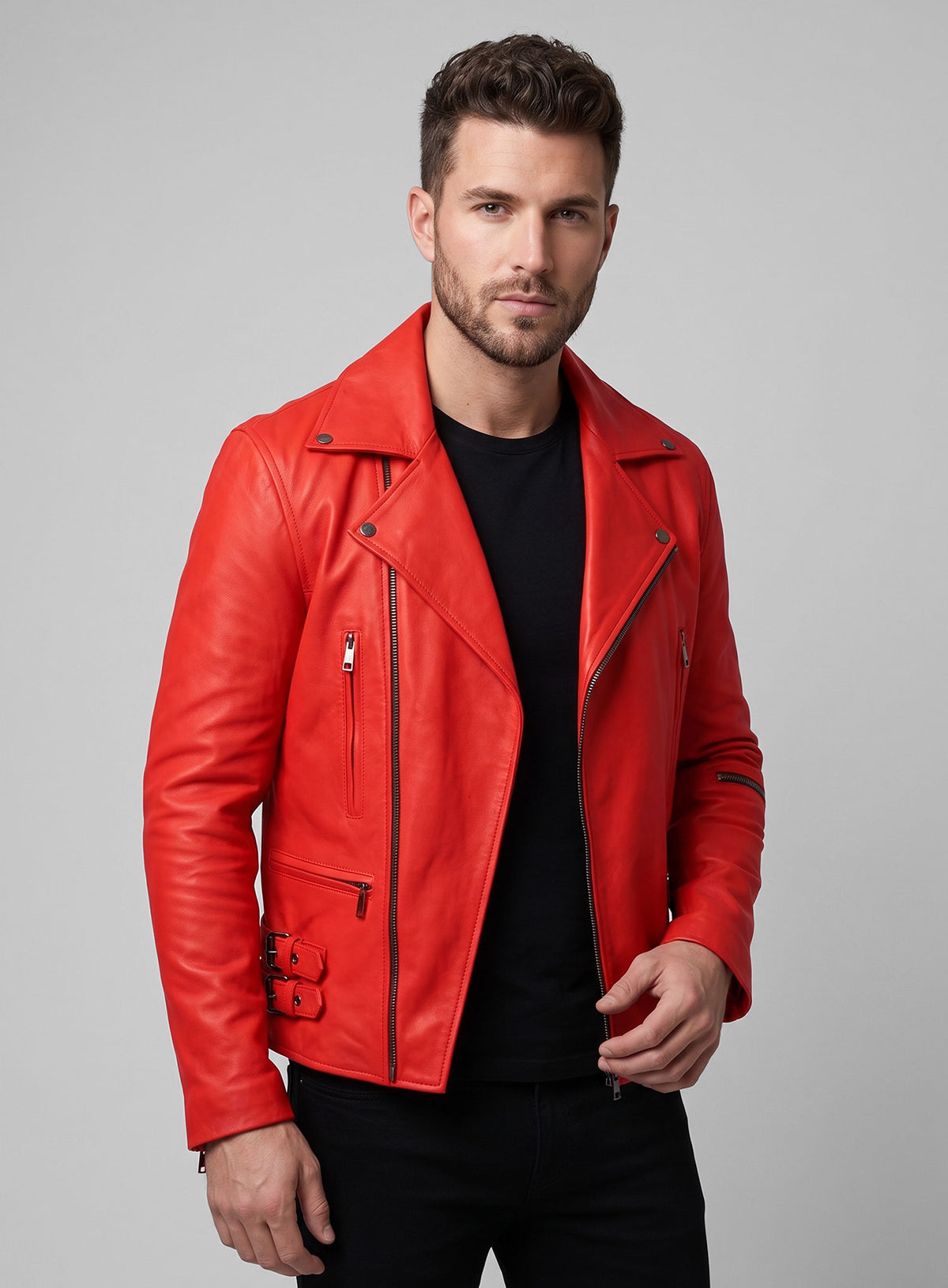 Man wearing a red lambskin leather biker jacket over a black t-shirt