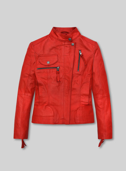 Front view of a red lambskin leather jacket with stand collar, zip pockets and tassel zippers